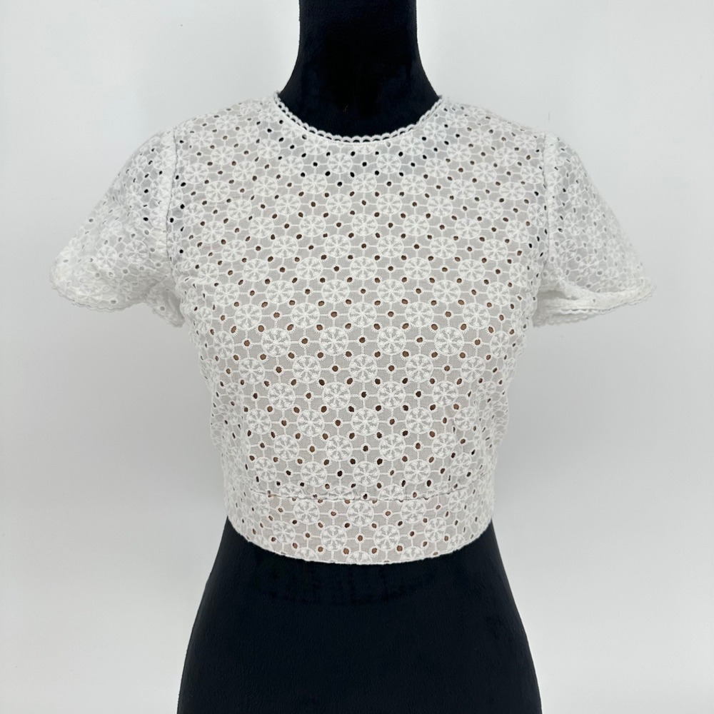 MICHAEL MICHAEL KORS Geo Eyelet Cropped Short Sleeve Top White Size 0 XS $155